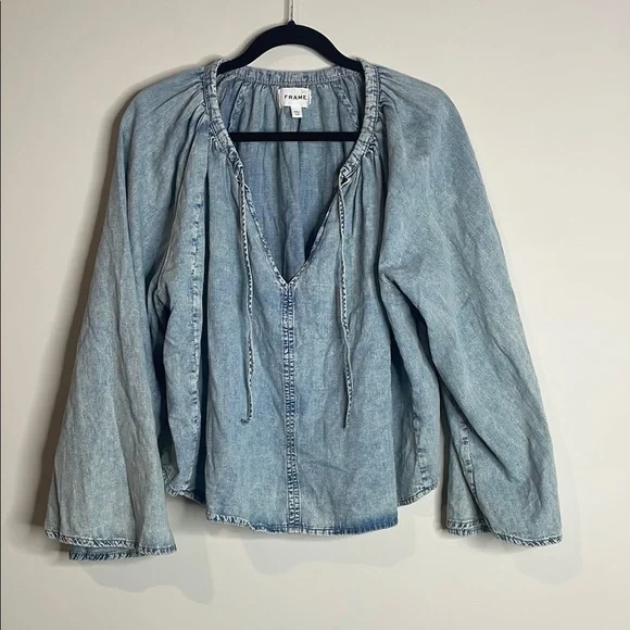 Frame | Women’s Shirred V Neck Denim Blouse Size XS Oversized - Picture 2 of 7